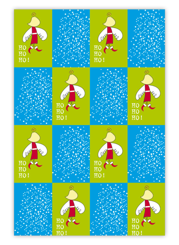 Grafisches Weihnachts Geschenkpapier mit Weihnachtsmann/ Nikolaus Engel, hellblau