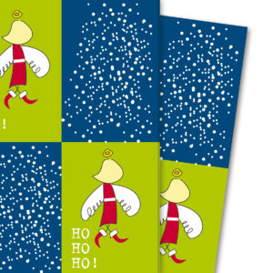 Grafisches Weihnachts Geschenkpapier mit Weihnachtsmann/ Nikolaus Engel, blau grün