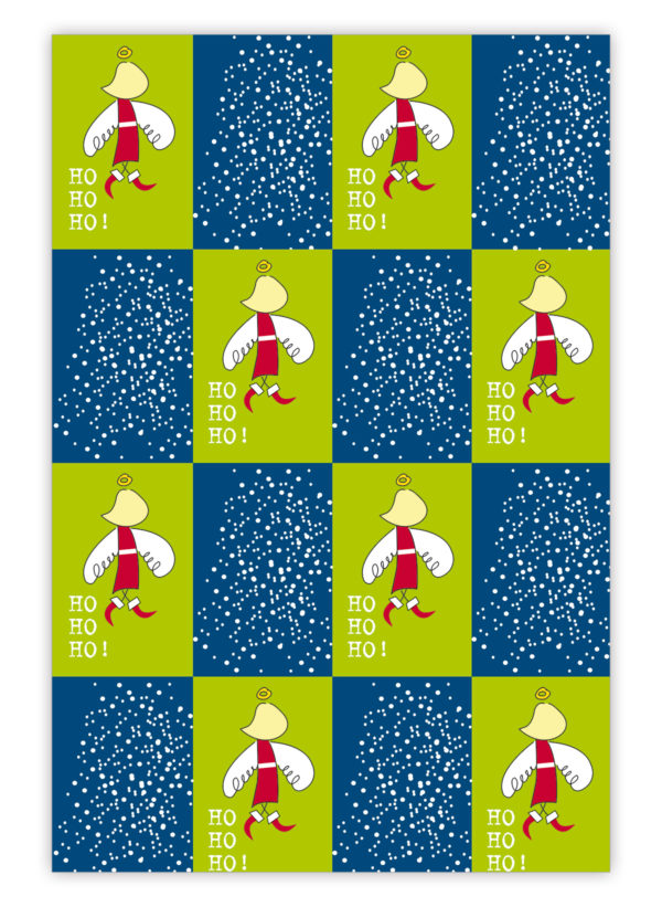 Grafisches Weihnachts Geschenkpapier mit Weihnachtsmann/ Nikolaus Engel, blau grün