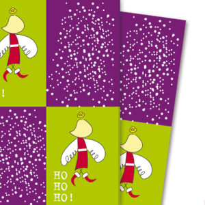 Grafisches Weihnachts Geschenkpapier mit Weihnachtsmann/ Nikolaus Engel, lila grün