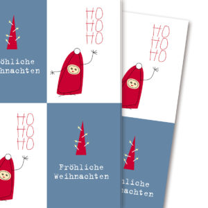 Lustiges Weihnachts Geschenkpapier mit Wichteln und Tannenbäumen: Fröhliche Weihnachten, HO HO HO
