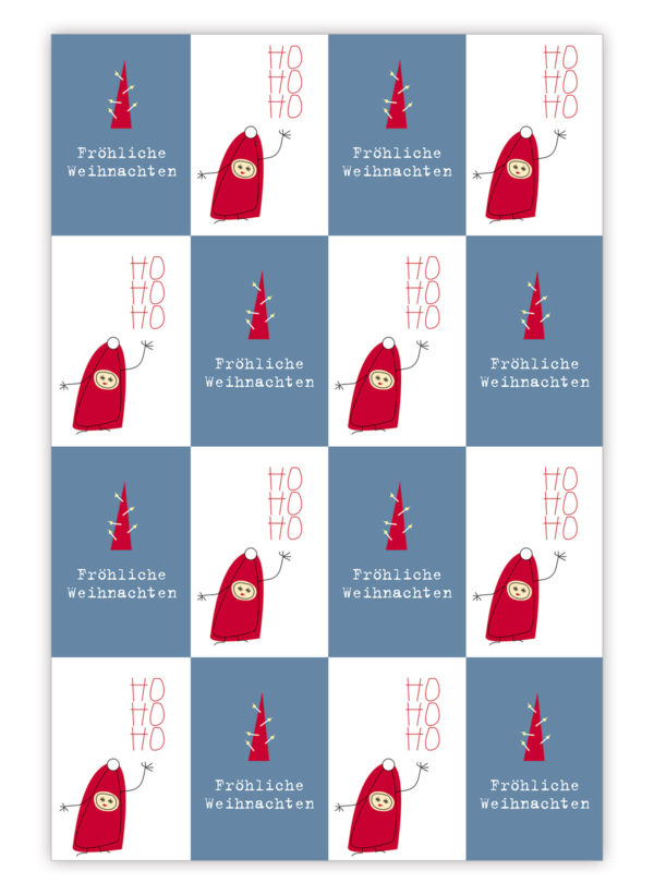 Lustiges Weihnachts Geschenkpapier mit Wichteln und Tannenbäumen: Fröhliche Weihnachten, HO HO HO