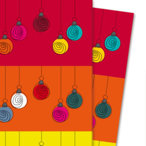 Buntes Streifen Weihnachts Geschenkpapier mit Weihnachtskugeln