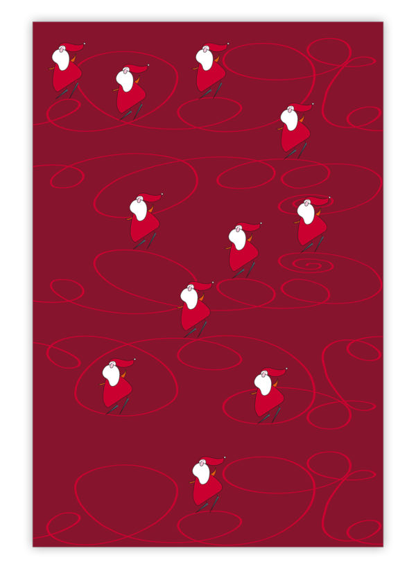 Fröhliches Weihnachts Geschenkpapier mit Schlittschuh fahrendem Weihnachtsmann, Nikolaus, rot