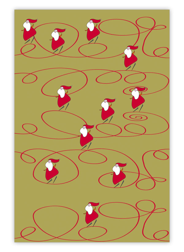 Fröhliches Weihnachts Geschenkpapier mit Schlittschuh fahrendem Weihnachtsmann, Nikolaus, grün gelb