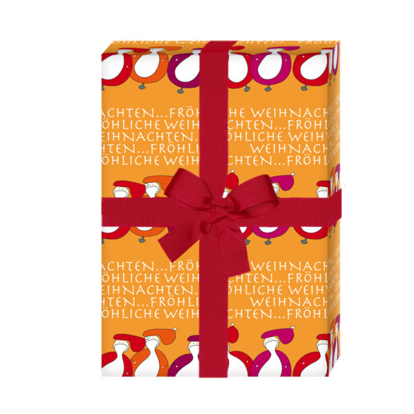 Geschenkverpackung Weihnachten: Lustiges Weihnachtspapier / Weihnachts Geschenkpapier mit Weihnachtsmännern: Fröhliche Weihnachten, orange (4 Bögen) jetzt online kaufen