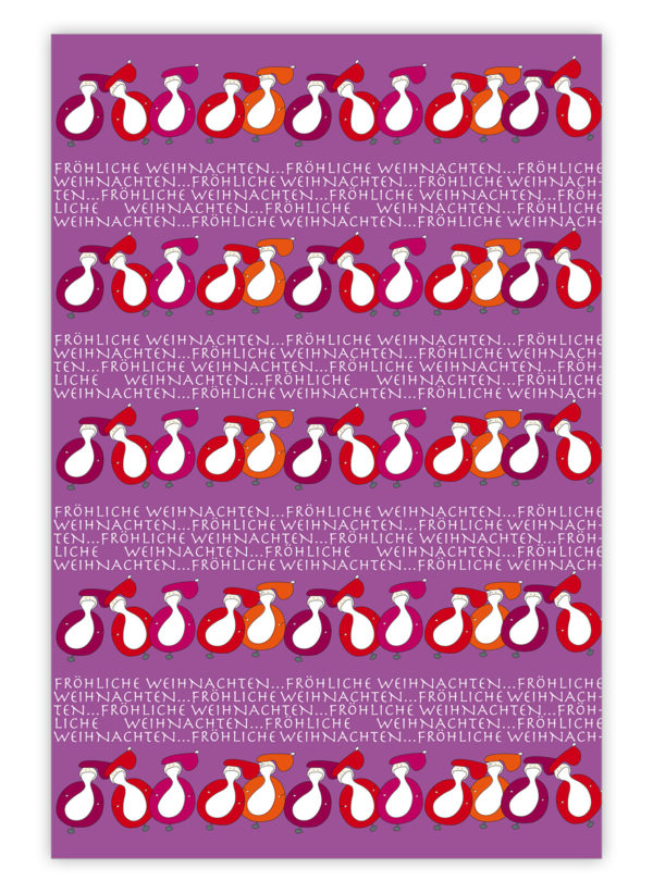 Lustiges Weihnachts Geschenkpapier mit Weihnachtsmännern: Fröhliche Weihnachten, lila