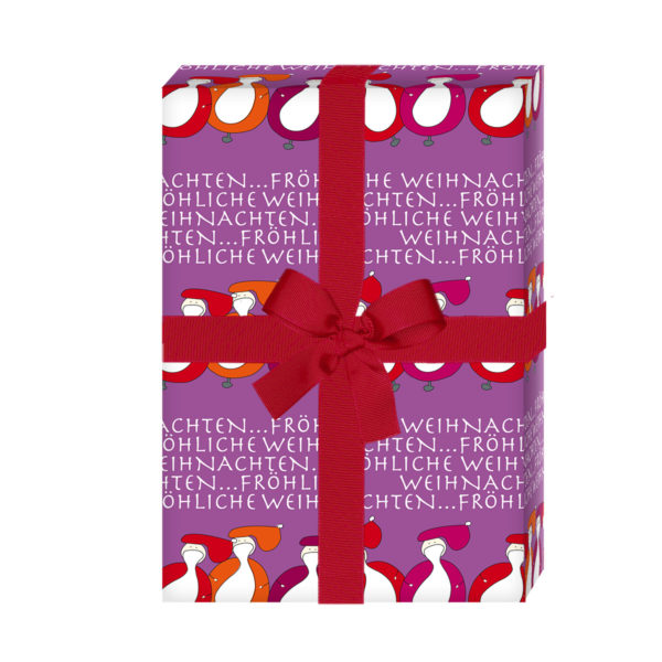 zum Weihnachtsgeschenk einpacken: Lustiges Weihnachtspapier / Weihnachts Geschenkpapier mit Weihnachtsmännern: Fröhliche Weihnachten, lila (4 Bögen) jetzt online kaufen