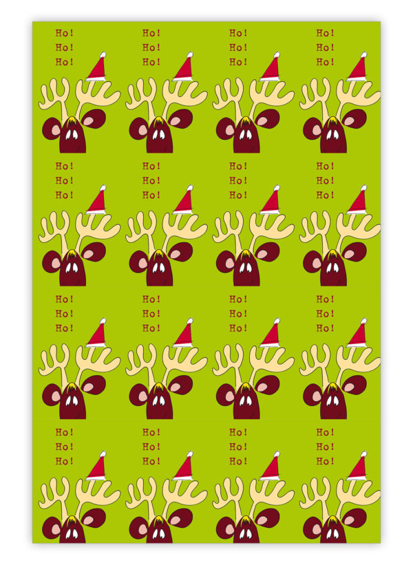 Lustiges Weihnachts Geschenkpapier mit komischem Elch: Ho Ho Ho, grün