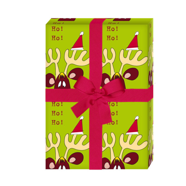 Geschenkverpackung Weihnachten: Lustiges Weihnachtspapier / Weihnachts Geschenkpapier mit komischem Elch: Ho Ho Ho, grün (4 Bögen) jetzt online kaufen
