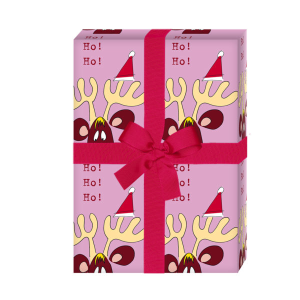 zum Weihnachtsgeschenk einpacken: Lustiges Weihnachtspapier / Weihnachts Geschenkpapier mit komischem Elch: Ho Ho Ho, rosa (4 Bögen) jetzt online kaufen