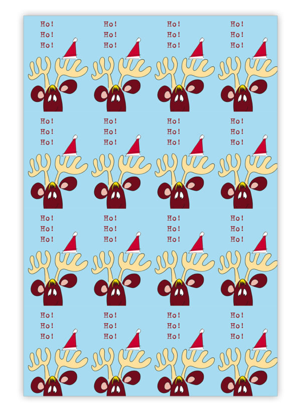 Lustiges Weihnachts Geschenkpapier mit komischem Elch: Ho Ho Ho, hellblau