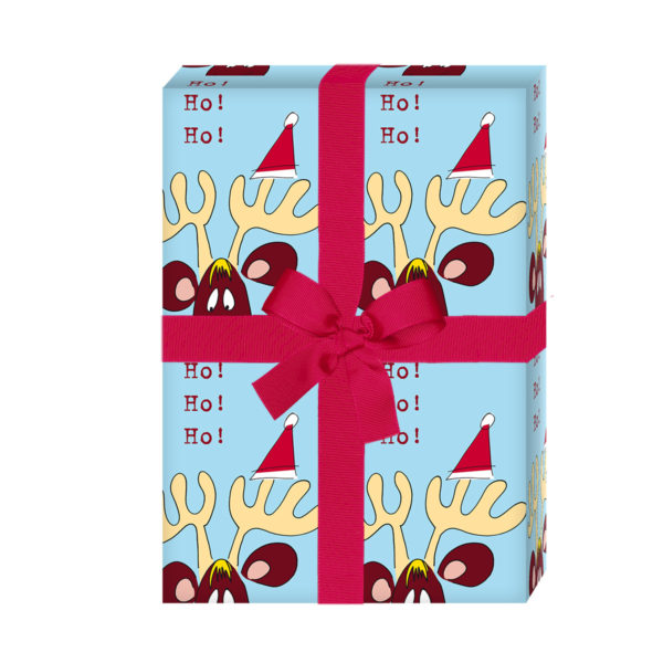 Weihnachtsgeschenke verpacken mit: Lustiges Weihnachtspapier / Weihnachts Geschenkpapier mit komischem Elch: Ho Ho Ho, hellblau (4 Bögen) jetzt online kaufen