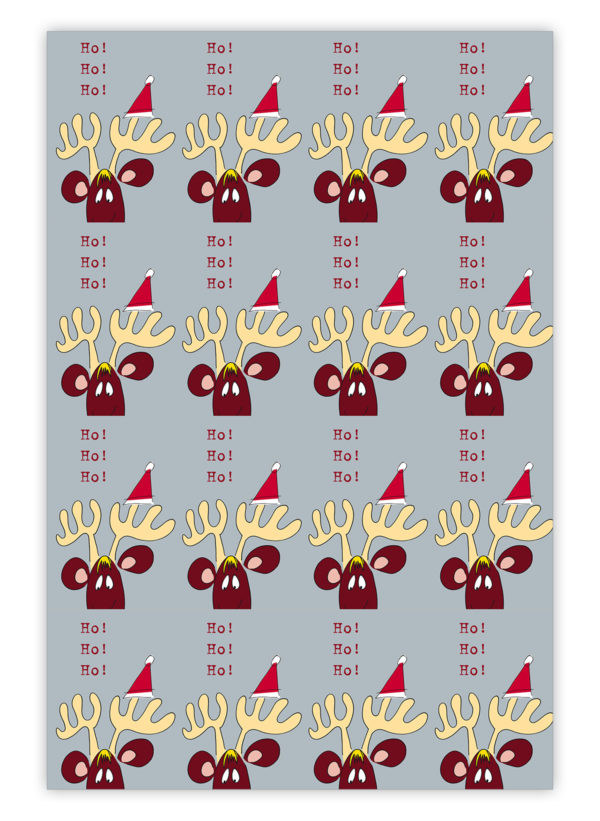 Lustiges Weihnachts Geschenkpapier mit komischem Elch: Ho Ho Ho, grau