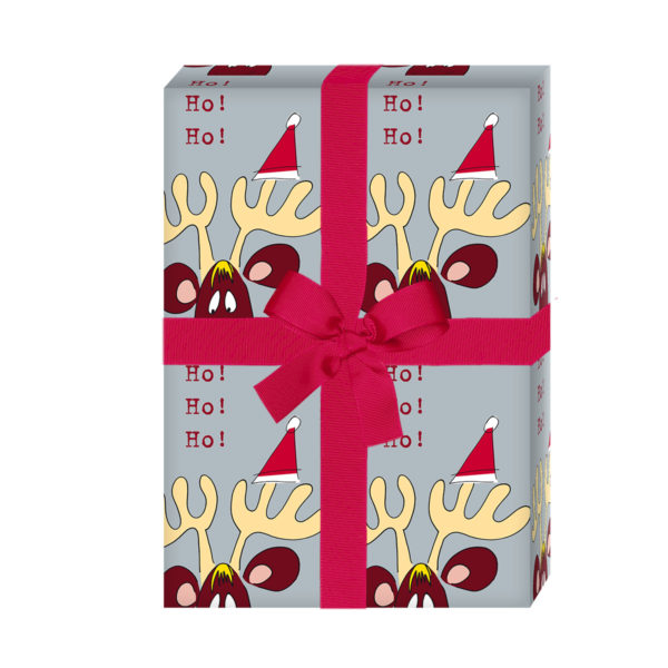 zum Weihnachtsgeschenk einpacken: Lustiges Weihnachtspapier / Weihnachts Geschenkpapier mit komischem Elch: Ho Ho Ho, grau (4 Bögen) jetzt online kaufen