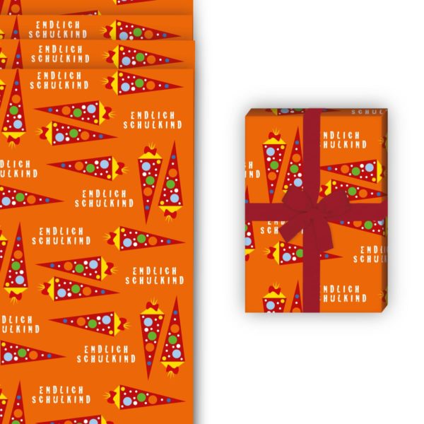 Einschulungs Geschenkverpackung: Einschulungs Geschenkpapier mit Schultüten von Kartenkaufrausch in orange