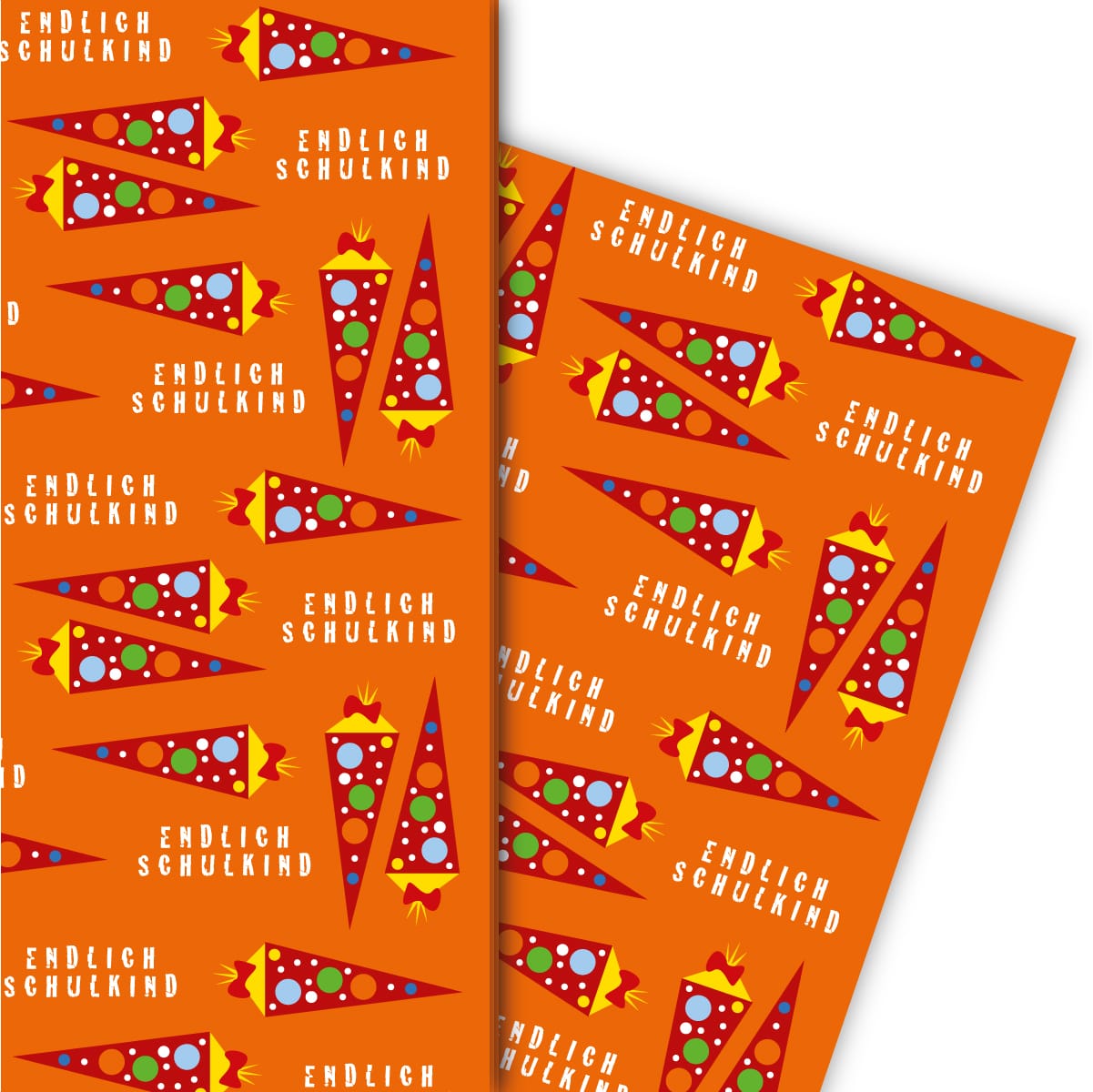 Kartenkaufrausch: Einschulungs Geschenkpapier mit Schultüten aus unserer Einschulungs Papeterie in orange