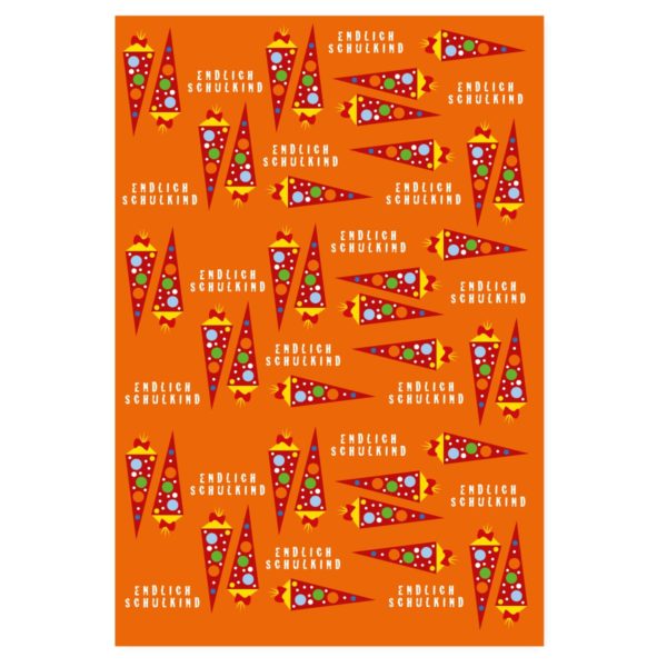 Einschulungs Geschenkpapier mit Schultüten "Endlich Schulkind", orange