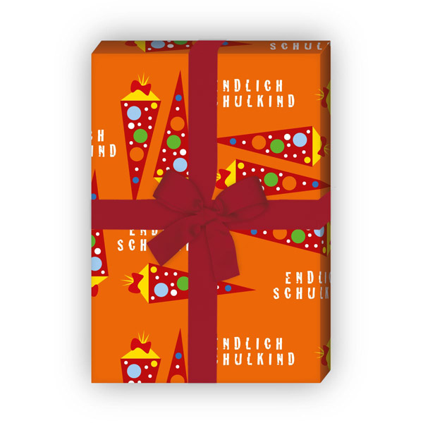 Kartenkaufrausch: Einschulungs Geschenkpapier mit Schultüten aus unserer Einschulungs Papeterie in orange