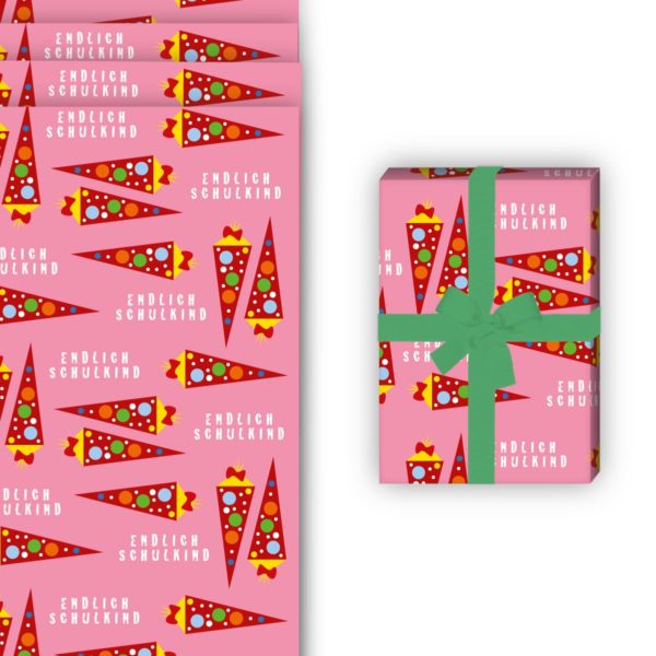 Einschulungs Geschenkverpackung: Einschulungs Geschenkpapier mit Schultüten von Kartenkaufrausch in rosa