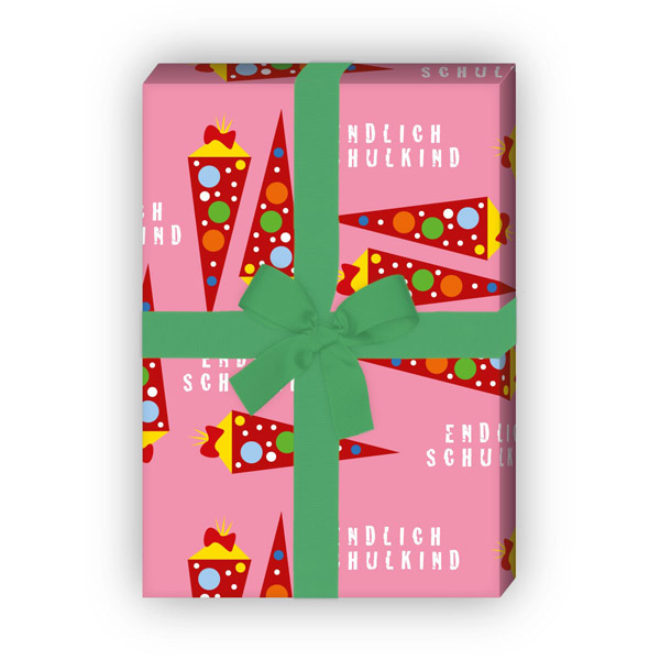 Kartenkaufrausch: Einschulungs Geschenkpapier mit Schultüten aus unserer Einschulungs Papeterie in rosa