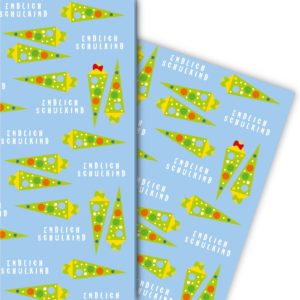 Kartenkaufrausch: Einschulungs Geschenkpapier mit Schultüten aus unserer Einschulungs Papeterie in hellblau
