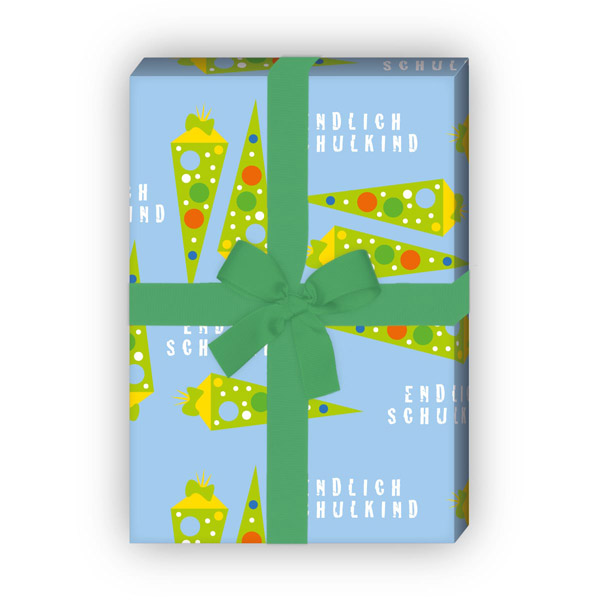 Kartenkaufrausch: Einschulungs Geschenkpapier mit Schultüten aus unserer Einschulungs Papeterie in hellblau