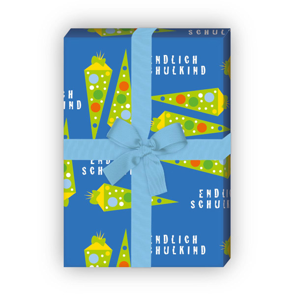 Kartenkaufrausch: Einschulungs Geschenkpapier mit Schultüten aus unserer Einschulungs Papeterie in blau