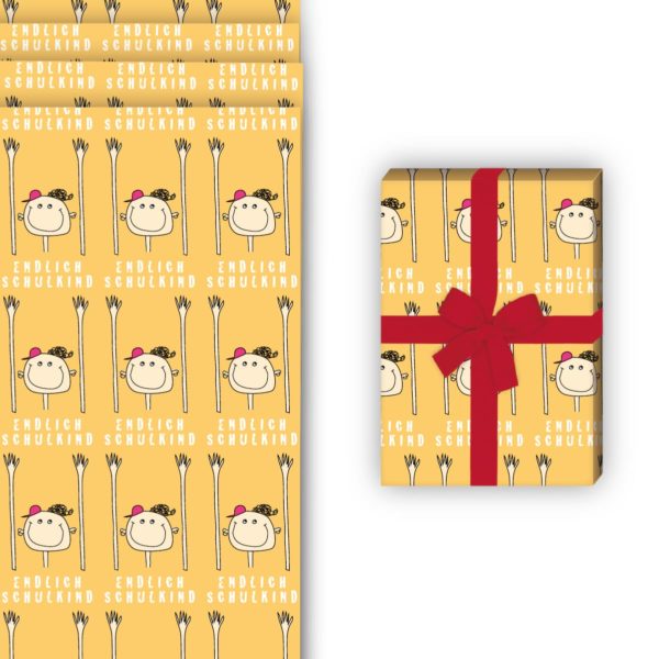 Einschulungs Geschenkverpackung: Lustiges Einschulungs Geschenkpapier mit von Kartenkaufrausch in gelb