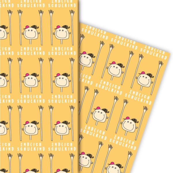 Kartenkaufrausch: Lustiges Einschulungs Geschenkpapier mit aus unserer Einschulungs Papeterie in gelb