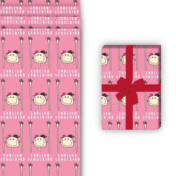 Einschulungs Geschenkverpackung: Lustiges Einschulungs Geschenkpapier mit von Kartenkaufrausch in rosa