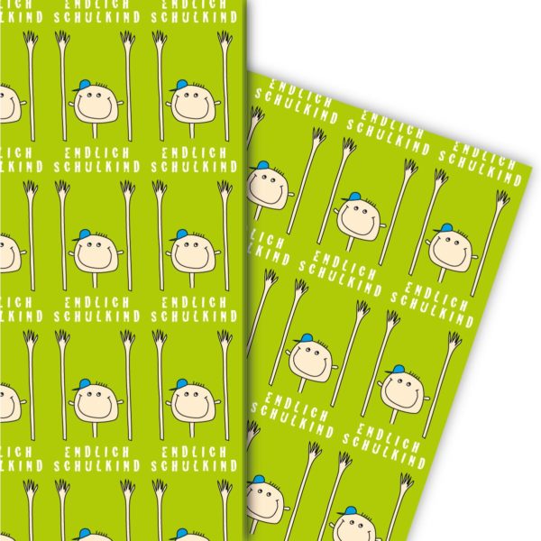 Kartenkaufrausch: Lustiges Einschulungs Geschenkpapier mit aus unserer Einschulungs Papeterie in grün