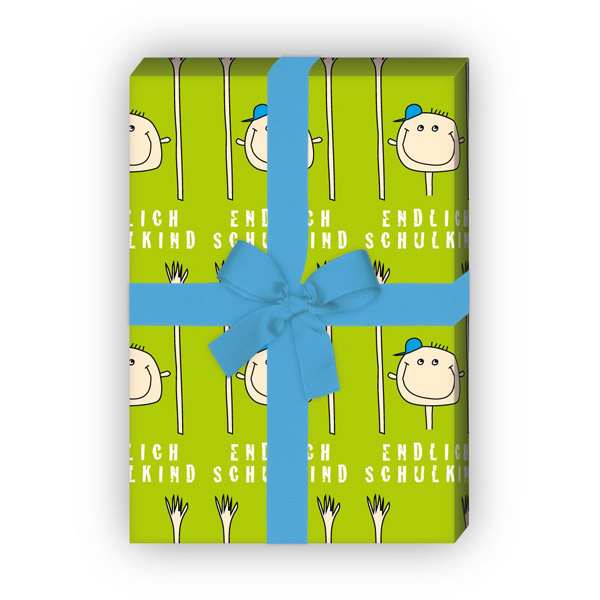 Kartenkaufrausch: Lustiges Einschulungs Geschenkpapier mit aus unserer Einschulungs Papeterie in grün