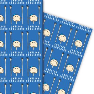 Kartenkaufrausch: Lustiges Einschulungs Geschenkpapier mit aus unserer Einschulungs Papeterie in blau
