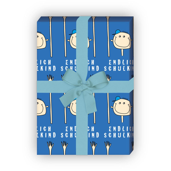 Kartenkaufrausch: Lustiges Einschulungs Geschenkpapier mit aus unserer Einschulungs Papeterie in blau