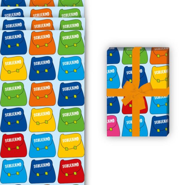 Einschulungs Geschenkverpackung: Buntes Einschulungs Geschenkpapier mit von Kartenkaufrausch in multicolor