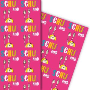 Kartenkaufrausch: Lustiges Geschenkpapier zu Einschulung aus unserer Einschulungs Papeterie in pink