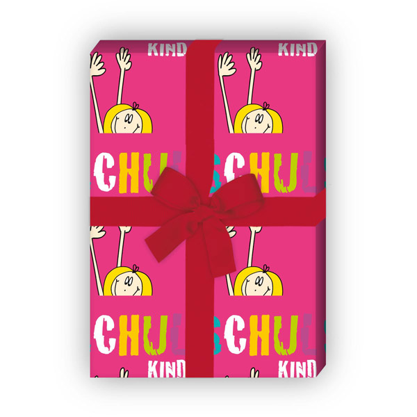 Kartenkaufrausch: Lustiges Geschenkpapier zu Einschulung aus unserer Einschulungs Papeterie in pink