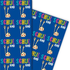 Kartenkaufrausch: Lustiges Geschenkpapier zu Einschulung aus unserer Einschulungs Papeterie in blau