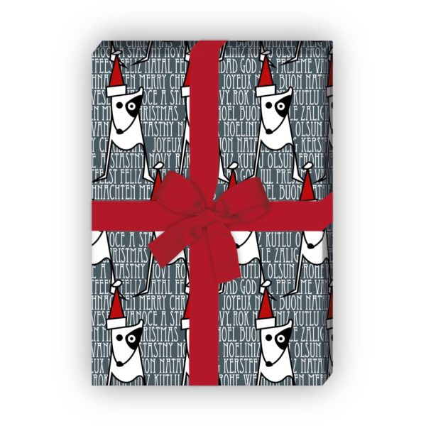 Weihnachtsgeschenke verpacken mit: Weihnachts Geschenkpapier mit Hündchen und Weihnachtsmann Mütze, in grau jetzt online kaufen