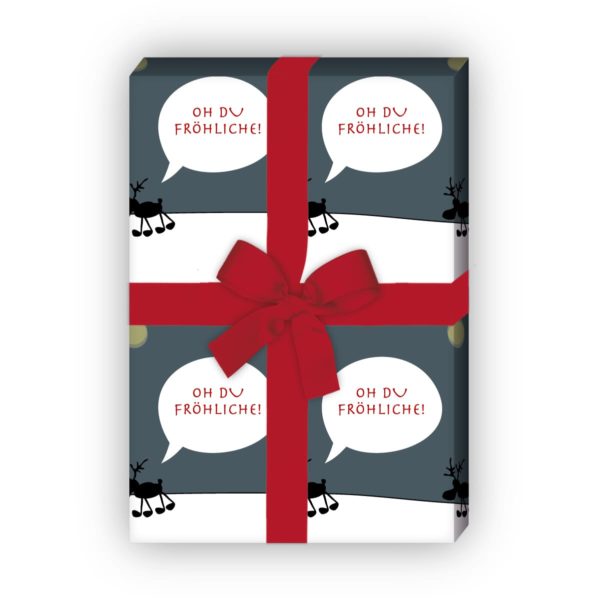 Weihnachtsgeschenke verpacken mit: Weihnachts Geschenkpapier mit Elch "Oh Du fröhliche", in grau jetzt online kaufen