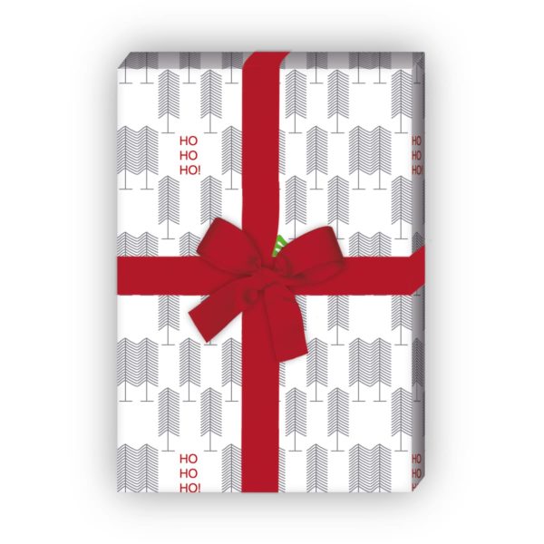 Weihnachtsgeschenke verpacken mit: Designer Weihnachts Geschenkpapier mit Weihnachtsbäumen "Ho Ho Ho", in weiß jetzt online kaufen
