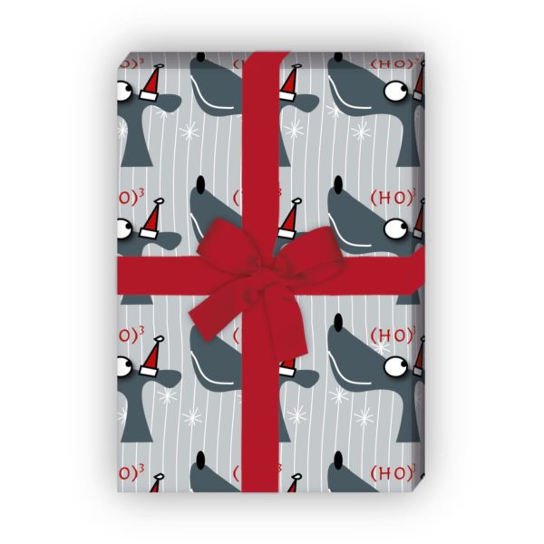 Geschenkverpackung Weihnachten: Ho hoch3 Weihnachts Geschenkpapier mit Hund und Weihnachtsmann Mütze auf Streifen, in grau jetzt online kaufen