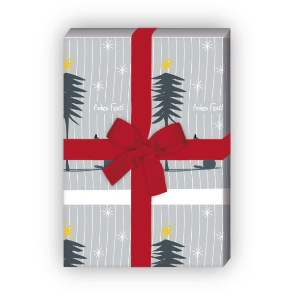 Weihnachtsgeschenke verpacken mit: Süßes Weihnachts Geschenkpapier mit Hund vor Weihnachtsbaum "frohes Fest", in grau jetzt online kaufen