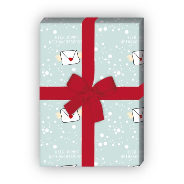 zum Weihnachtsgeschenk einpacken: Nettes Geschenkpapier mit Herz Weihnachts Brief: Hier kommt Weihnachtspost!, hellblau,  jetzt online kaufen