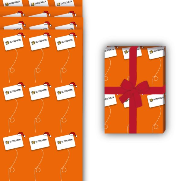 Weihnachts Geschenkverpackung: Nettes Gutschein Geschenkpapier für von Kartenkaufrausch in orange
