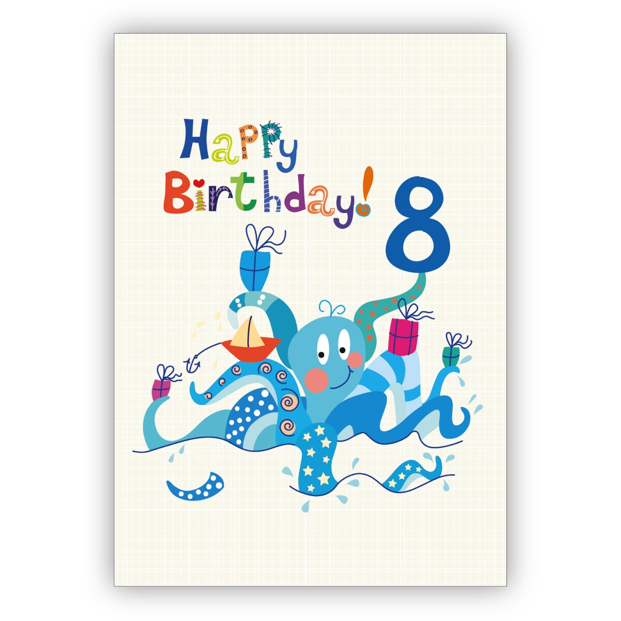 Tolle Kinder Geburtstagskarte zum 8. Geburtstag mit Tintenfisch: Happy Birthday