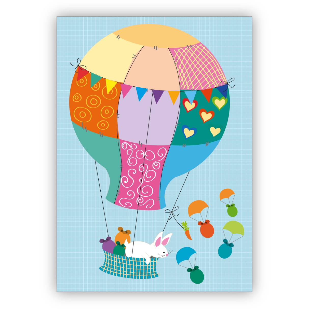 Schöne illustrierte Osterkarte mit Häschen im Heißluftballon und fliegenden Ostereiern