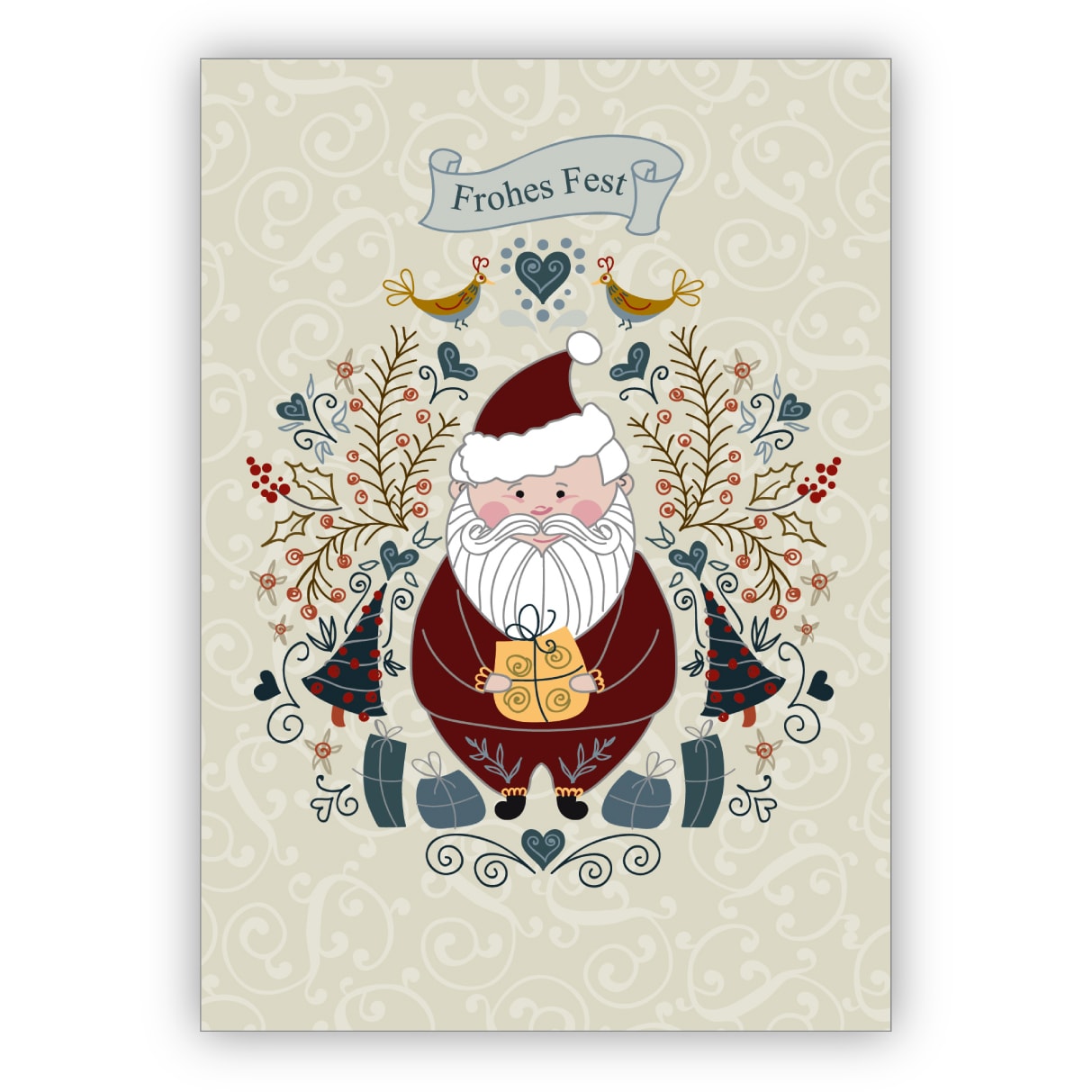 Niedliche Retro Weihnachtskarte mit Weihnachtsmann und Ornamenten: Frohes Fest