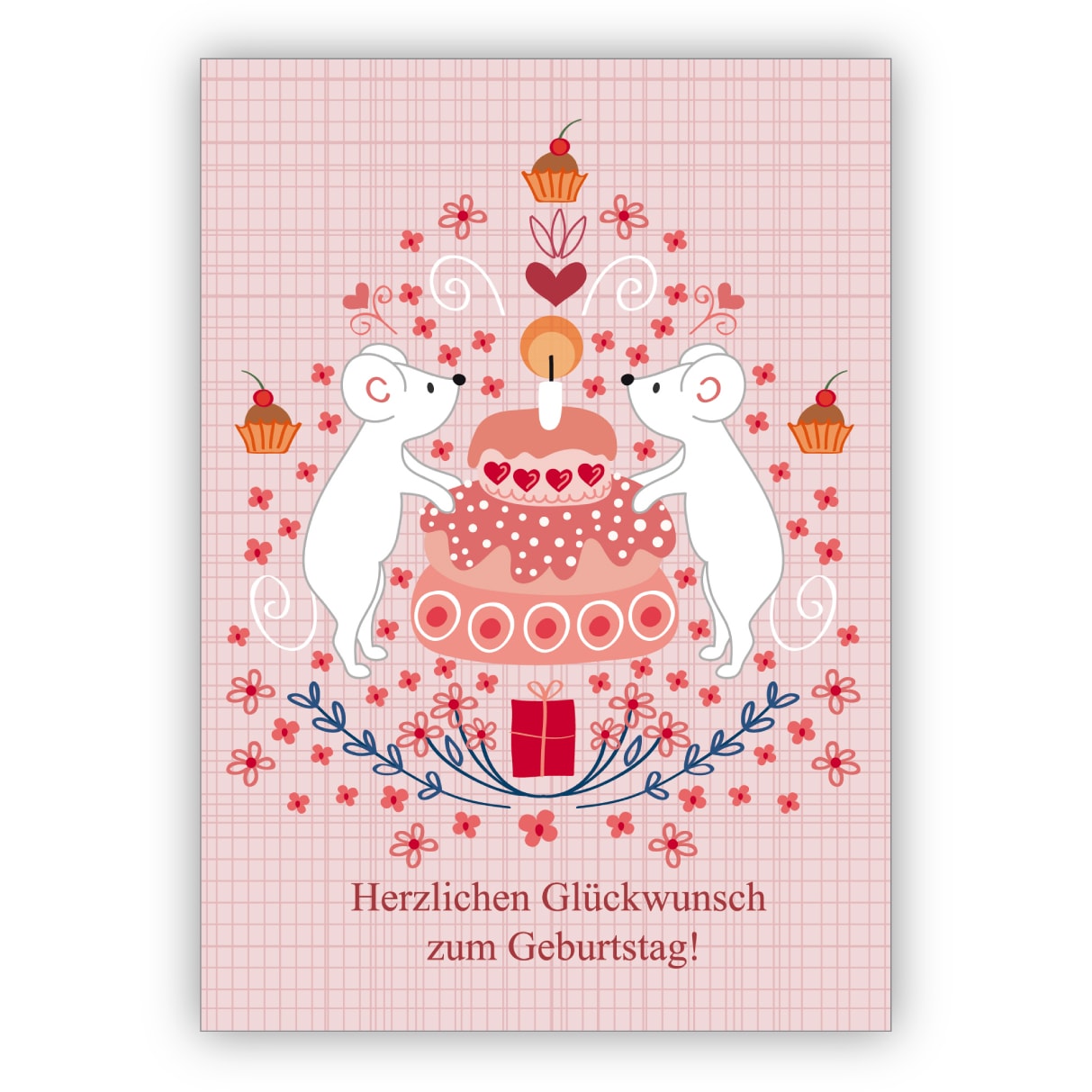 Schöne Retro Geburtstagskarte mit Mäusen und Kuchen: Herzlichen Glückwunsch zum Geburtstag